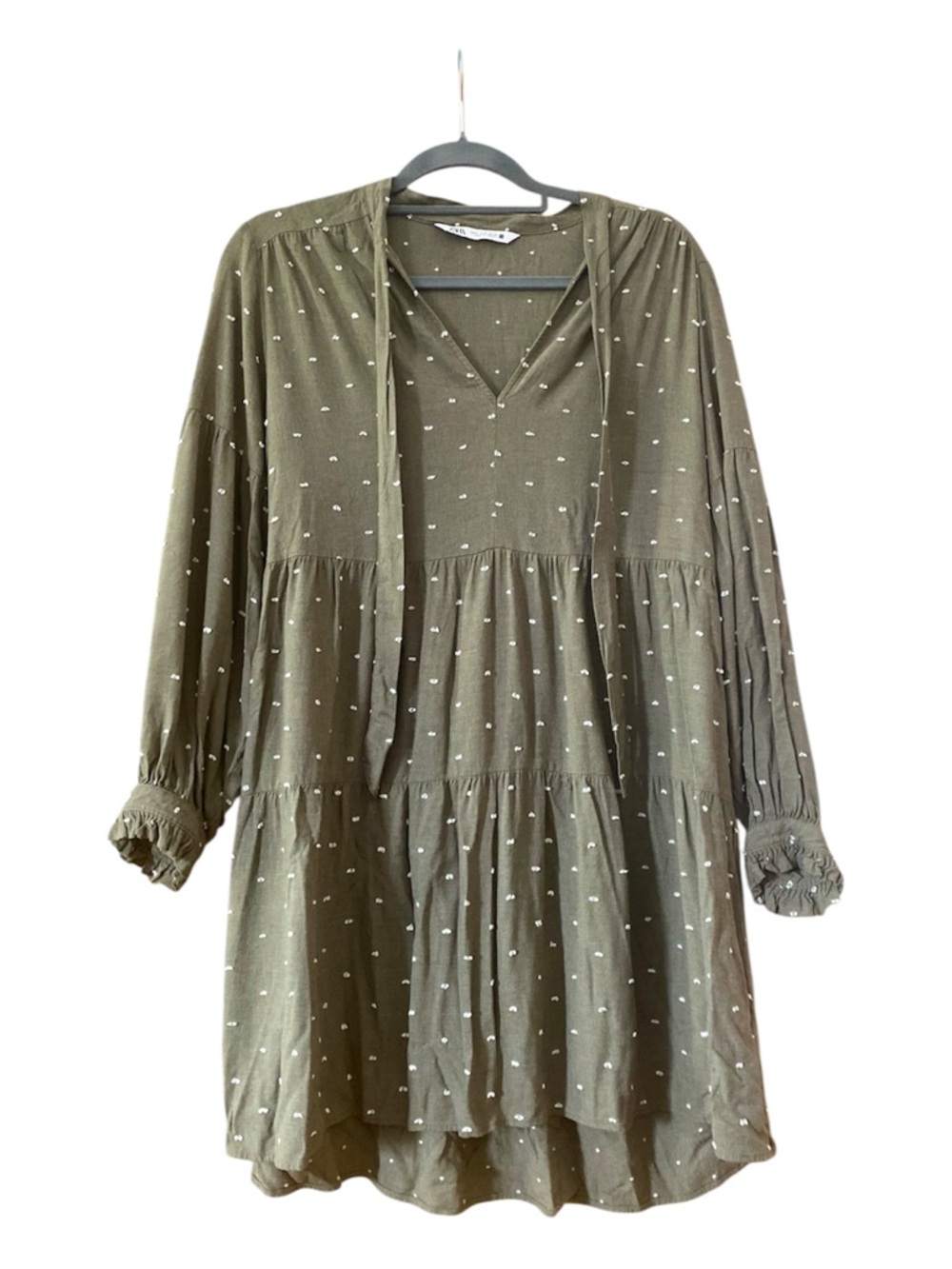 Zara Olive Green Embroidered Dot Tiered Babydoll Mini Dress Size S